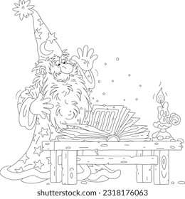 Magician astrologer saying spells from his old magic book by candlelight on a mysterious night, black and white outline vector cartoon illustration for a coloring book page