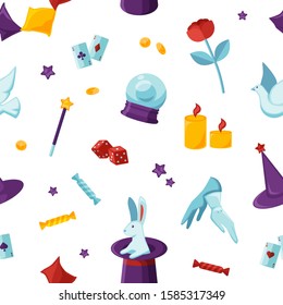 Magician attributes vector seamless pattern. Soothsayer and conjurer items, magic things texture. Theurgical things background. Creative fabric, textile, wallpaper, wrapping paper design.