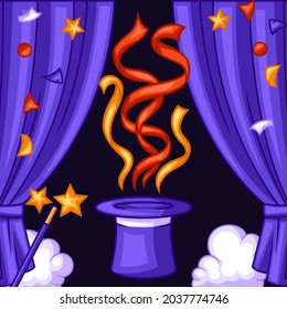 Magician background with magic items. Illusionist show or performance banner. Cartoon style illustration of tricks.