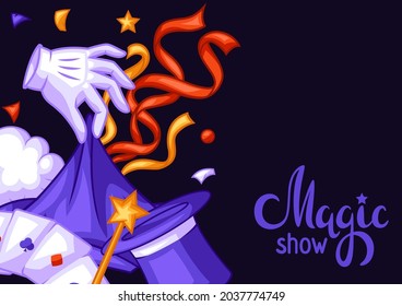 Magician Background With Magic Items. Illusionist Show Or Performance Banner. Cartoon Style Illustration Of Tricks.
