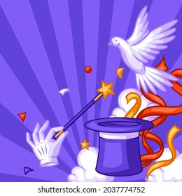 Magician background with magic items. Illusionist show or performance banner. Cartoon style illustration of tricks.