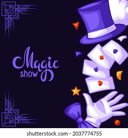 Magician background with magic items. Illusionist show or performance banner. Cartoon style illustration of tricks.