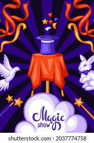 Magician background with magic items. Illusionist show or performance banner. Cartoon style illustration of tricks.