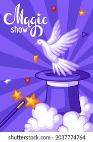 Magician background with magic items. Illusionist show or performance banner. Cartoon style illustration of tricks.