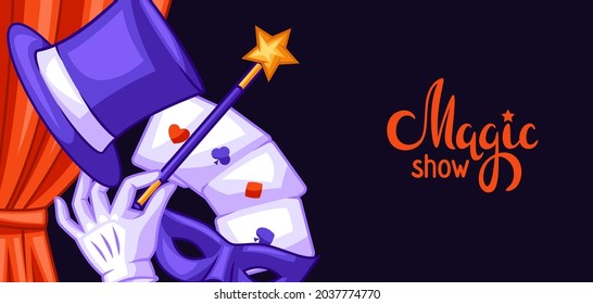 Magician background with magic items. Illusionist show or performance banner. Cartoon style illustration of tricks.