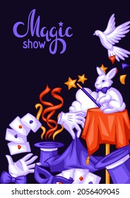 Magician background with magic items. Illusionist show or performance banner. Cartoon style illustration of tricks.