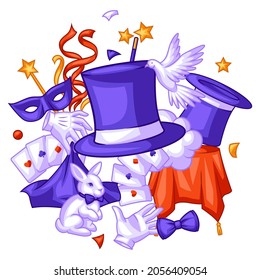 Magician background with magic items. Illusionist show or performance banner. Cartoon style illustration of tricks.