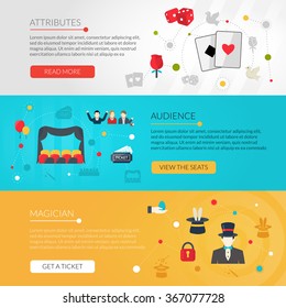 Magician banner horizotnal set with magic show audience elements isolated vector illustration
