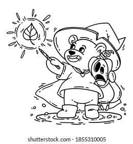 Magician bear in witch hat, raincoat and boots, hugs Halloween shocked pumpkin. The wizard casts spell with magic wand. Vector illustration isolated on white background for coloring book. Outline.