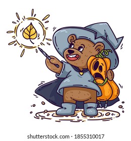 Magician bear in witch hat, raincoat and boots, hugs Halloween shocked pumpkin. The wizard casts spell with magic wand. Funny kid's vector illustration isolated on white background, for poster, card.