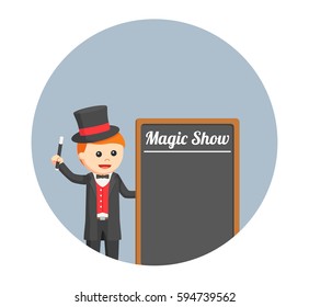 magician with black board in circle background