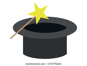Magician black hat with magic wand.