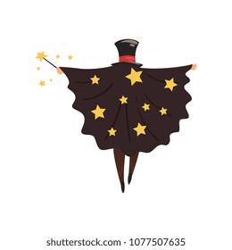 Magician in black mantle with stars and cylinder hat, back view Wizard with magic stick. Circus performance. Flat vector design