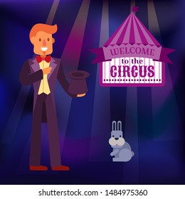 Magician in black suit performing trick with rabbit appearing from a magic top hat cartoon vector Illustration. Circus magical performance and show, neon glow chapiteau.