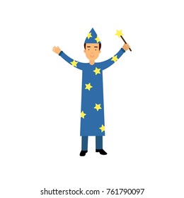 Magician in a blue suit and cap with stars holding a magic wand, circus performer vector Illustration