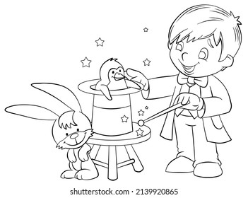 Magician boy. Element for coloring page. Cartoon style.