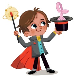 Magician Boy Pulling Out A Balloon Rabbit From His Hat Using His Wand.