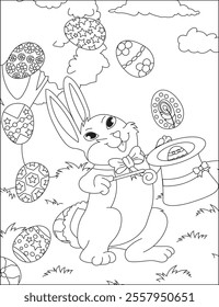 Magician bunny eggs trick easter coloring page vector