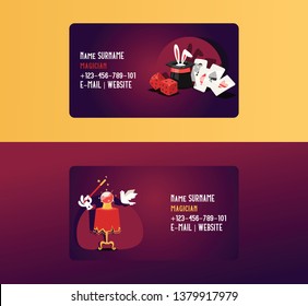 Magician business card vector illusionist show magic illusion or magical illusionism on business-card backdrop and cartoon show performance with bunny dices dove background set illustration.