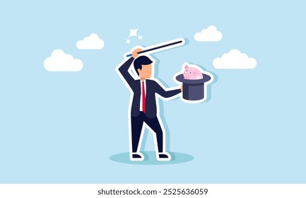 A magician businessman performs a hat trick revealing a piggy bank, illustration of shortcuts or improper methods to increase investment assets.