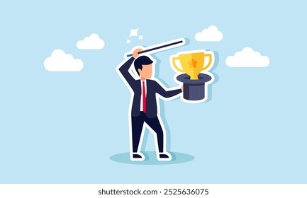 A magician businessman performs a hat trick revealing a trophy, illustration of shortcuts or improper methods in achieving business success.