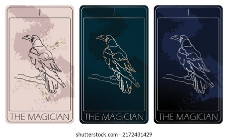 The Magician. A card of Major arcana one line drawing tarot cards. Tarot deck. Vector linear hand drawn illustration with occult, mystical and esoteric symbols. 3 colors. Proposional to 2,75x4,75 in.