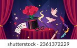 Magician cartoon composition with magic wand playing cards and black hat vector illustration
