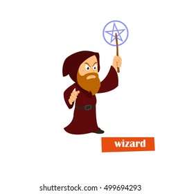 magician casts spell with the help of a magic wand. vector icon.