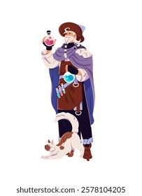 Magician with cat holds magic potion bottles. Old wizard with glass flask, phials of spell elixir. Medieval sorcerer, witch, witchcraft character. Flat isolated vector illustration on white background