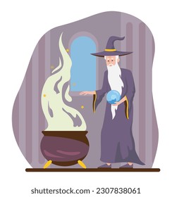 Magician with cauldron. Elderly man in cloak and witchs hat prepares potion. Imagination and fantasy, witchcraft and magic. Sorcerer character in costume. Cartoon flat vector illustration