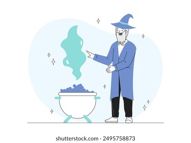 Magician with cauldron. Elderly man near pot with potion or poison. Magic and witchcraft, sorcery. Mysticism and alchemy. Imagination and fantasy, fairy tale. Linear vector illustration