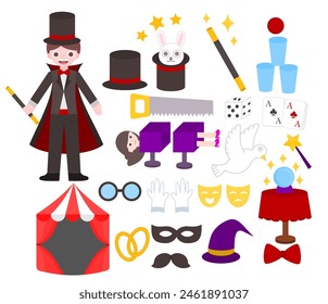 Carácter y equipo de mago.Magia y circo.Espectáculo ilusionista.Sombrero, paloma, conejo, viento mágico y tarjetas.Diseño plano gráfico.Signo, símbolo, ícono o logotipo aislado.Ilustración vectorial de dibujos animados.