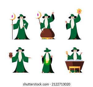 Magician character. Fantasy old wizard with magic stuff medieval fabulous fairytale sorcerer man garish vector cartoon person