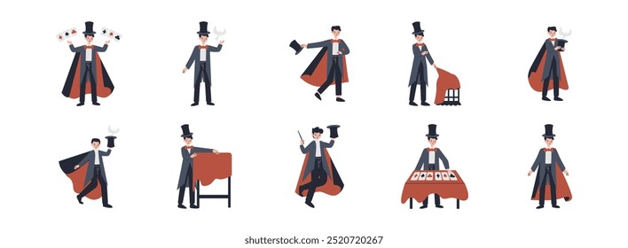 Conjunto de ilustrações plano Magician Character. Incluir assistente, fantasia, performance, show e fantasia. Ilustração vetorial isolada