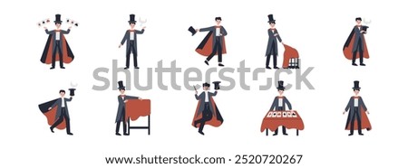 Magician Character flat illustration set. Include of wizard, fantasy, performance, show, and costume. Vector illustration isolated