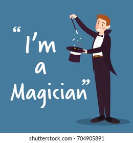 Magician character with hat and wand on blue background