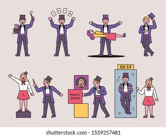 Magician character is showing a variety of magic. flat design style minimal vector illustration.