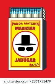 magician, charmer, genius, virtuoso, witch, wizard, conjurer, icon in Matchbox, matches vector illustration. Vintage or antique packaging design. retro style packaging. Indian art old style design.