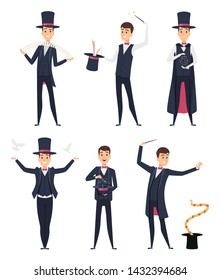 Magician. Circus showman actor male illusionist vector cartoon characters. Magician and illusionist, showman with snake and dove illustration