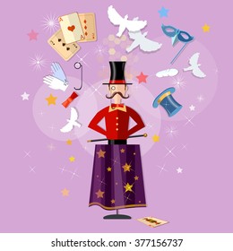 Magician circus shows tricks focuses magical performance vector illustration 