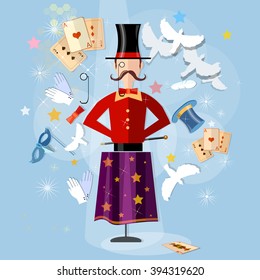 Magician circus shows tricks focuses vector illustration 