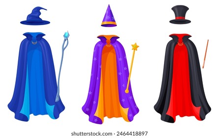 Magician cloak. Carnival costumes clothing, magic mantle wizard mantle collar magicians mysterious cloak mystery ghost halloween masquerade circus cape vector illustration of carnival magician cloak