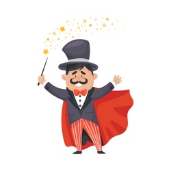 Magician In A Cloak And Hat. Vector Illustration On A White Background.