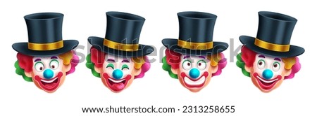 Magician clown characters vector set design. Clown and buffoon with magician hat costume and mascot collection. Vector illustration birthday and halloween comedian character.