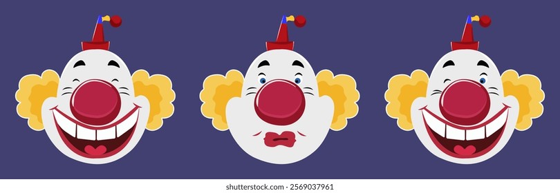 Magician, clown, jester vector set design. Clown head with different emotions. Vector illustration of comedy character on the theme of circus, holiday, birthday. 