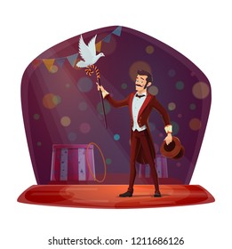 Magician conjured pigeon out of magical hat. Illusionist performing tricks with white dove bird on chapiteau circus stage. Magic show, imagination invitation flyer or poster