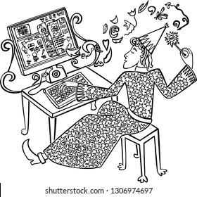 A magician conjures at the computer