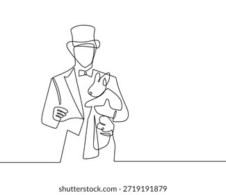 Der Zauberer zaubert ein Kaninchen in einer einzigen durchgehenden Linie. minimalistischer Stil, isolierte Kontur.