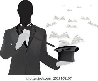 Magician is conjuring flying books from a top hat with a magic wand in his hand