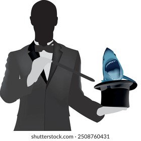 Magician conjuring shark appearing from top hat